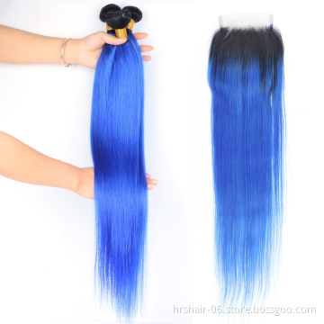 Brazilian Remy Human Hair Extensions Weaves 1B/Blue Ombre Color Straight Brazilian Virgin Human Hair Bundles With Closure